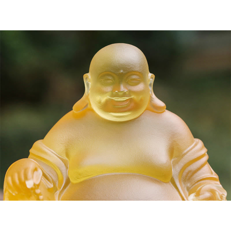 Liuli Crystal Laughing Buddha Figurine – Smooth polished liuli surface, Buddhist prosperity art piece