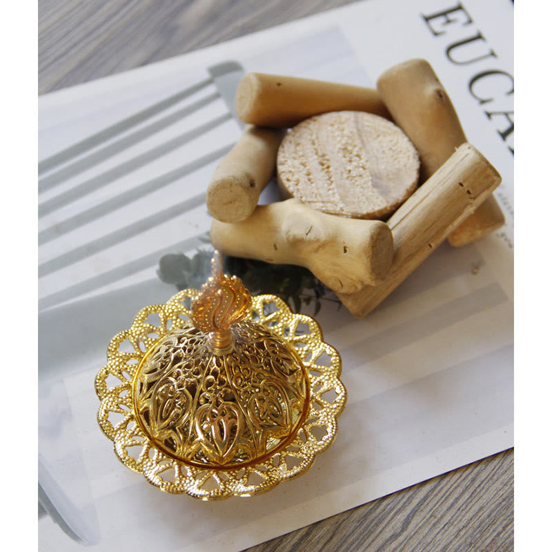 Gold Alloy Mini Incense Burner – scalloped filigree lid with amber finial on natural wood holder, gold decorative burner