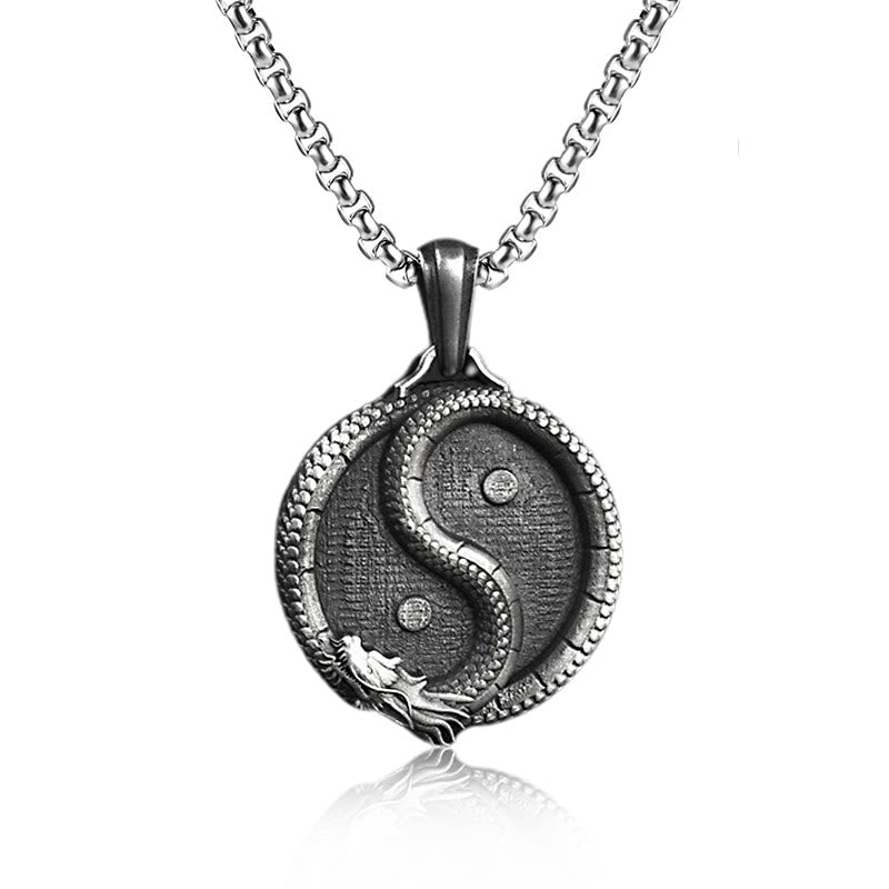 Yin Yang Dragon Pendant – Front view showing beaded rim and dragon taijitu on white, Balanced