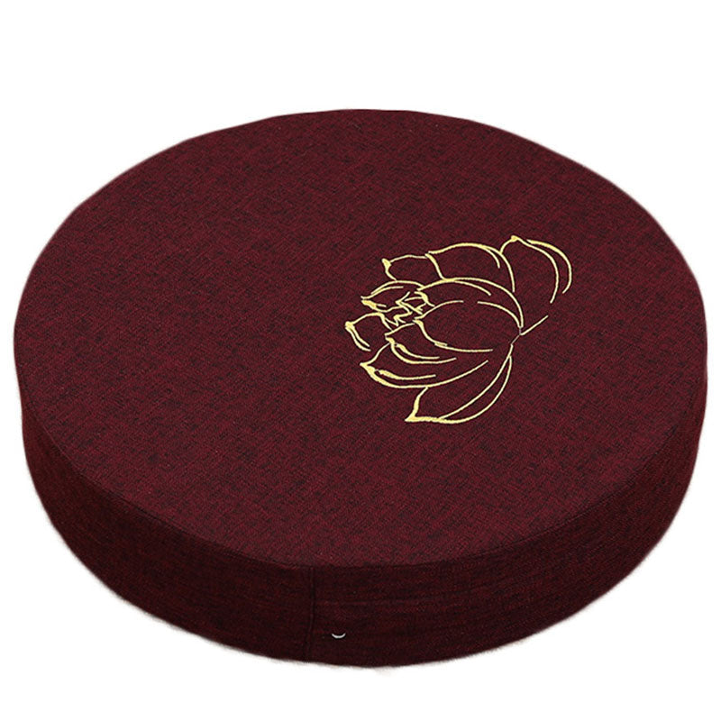 Wine Red Lotus Zafu - Gold lotus embroidery on burgundy cushion, clean white background