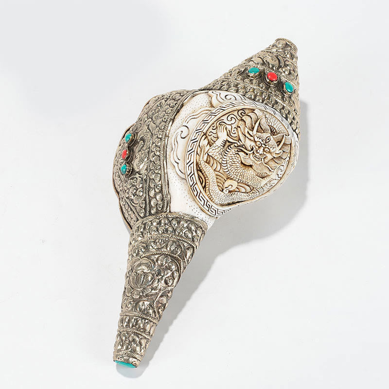 Tibetan Shankha Conch Shell Decoration – Five conch shells cluster, silver filigree, turquoise coral, heirloom, Heritage