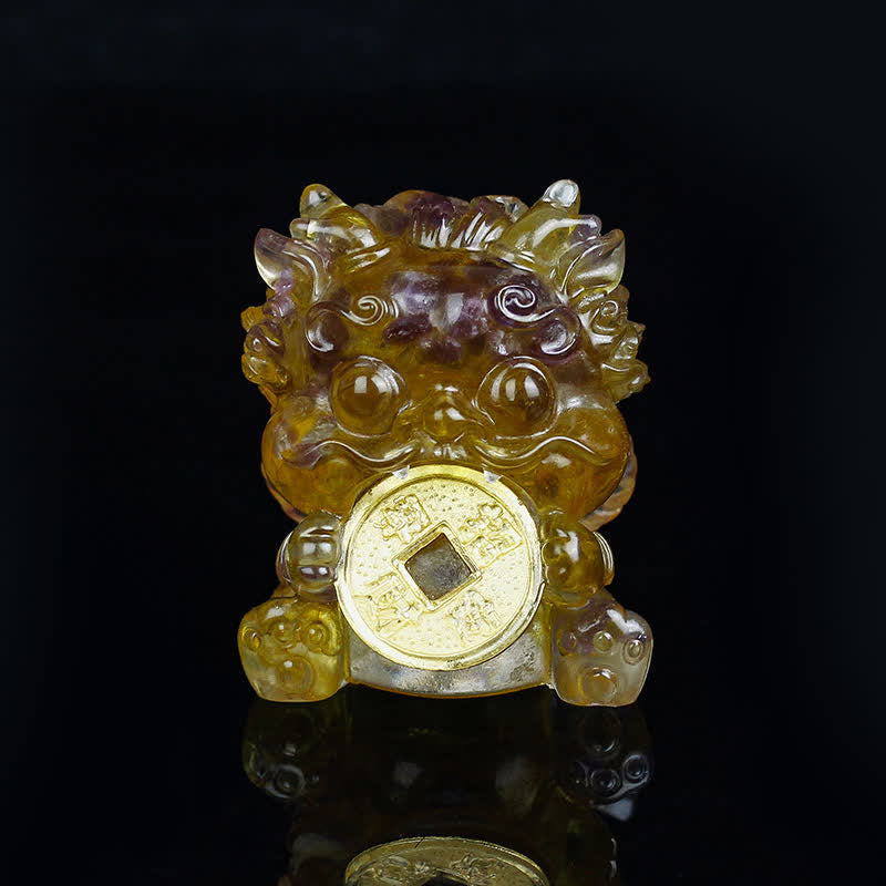 Handmade PiXiu Crystal – Yellow purple ametrine front view on black, wealth charm