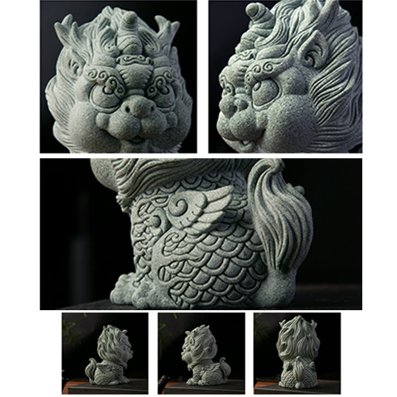 PiXiu Sandstone Statue – Collage of face, wing and scale detail angles on black background