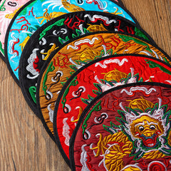 Dragon Embroidery Tea Cup Coaster Mat - five color options stacked diagonally, front-facing dragon design, artisan craft