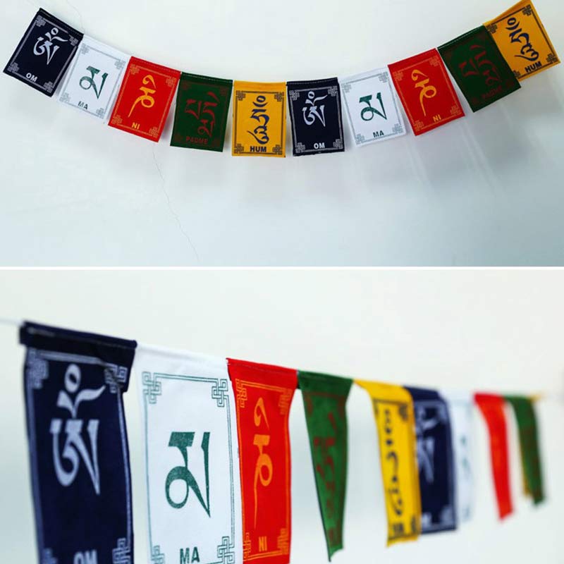 Tibetan Prayer Flags – Dual-angle view on white wall showing flag string from front and side, Buddhist banner