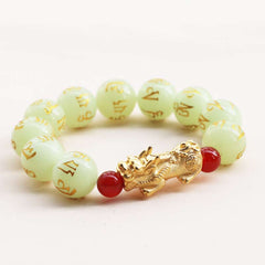 Glowstone Red Agate PiXiu Wealth Bracelet – Detailed gold PiXiu carving with red agate accents, good luck