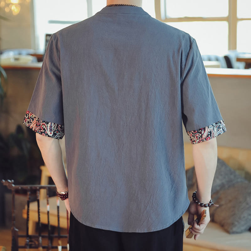 Dragon Embroidery Frog-Button Linen Tang Suit Shirt - Back view revealing paisley cuff lining, traditional