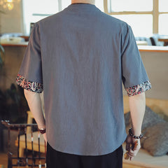 Dragon Embroidery Frog-Button Linen Tang Suit Shirt - Back view revealing paisley cuff lining, traditional