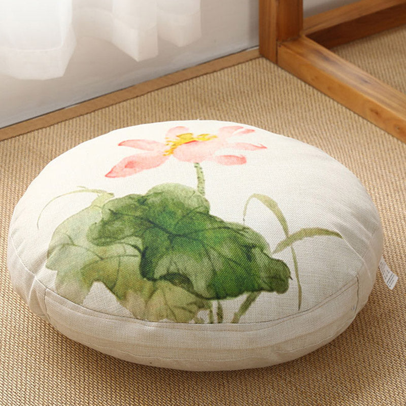 Lotus Linen Meditation Cushion – Coral-pink lotus ink wash on tatami mat, meditation