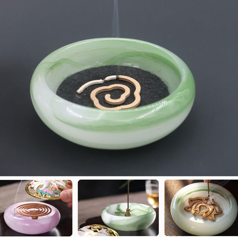 Nine-Tailed Fox Liuli Incense Burner - Green jade bowl with active smoke and usage thumbnails, crystal censer