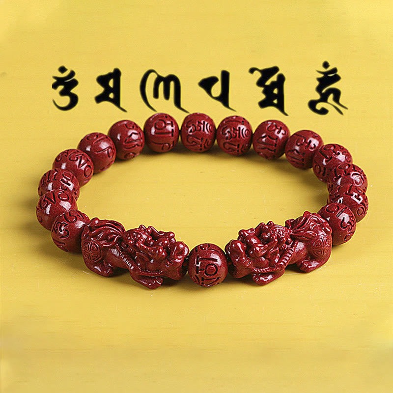 Double PiXiu Cinnabar Bracelet – Red cinnabar bracelet with Om Mani Padme Hum script above, Tibetan jewelry