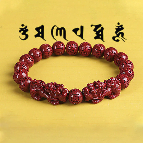 Double PiXiu Cinnabar Bracelet – Red cinnabar bracelet with Om Mani Padme Hum script above, Tibetan jewelry