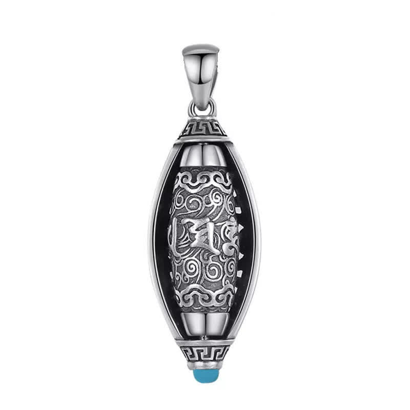 Tibetan Om Mani Padme Hum Pendant Necklace – straight-on view of Sanskrit engraved oval with turquoise, spiritual amulet