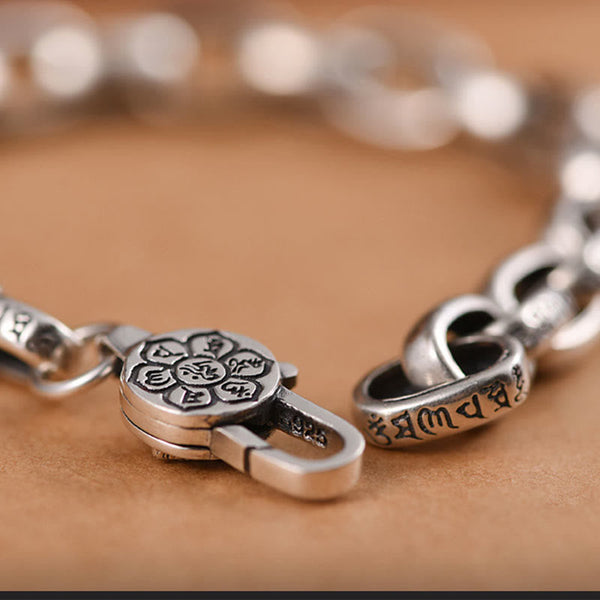 Om Mani Padme Hum Silver Bracelet – Macro detail of lotus clasp with hook mechanism and engraved Sanskrit characters, 925 sterling silver