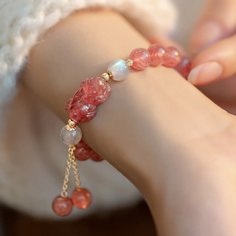 Strawberry Quartz Moonstone Bracelet – model wrist white sweater, pink quartz shine, love healing