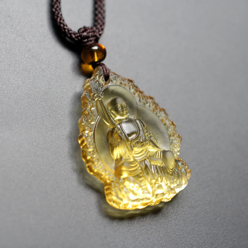 Ksitigarbha Buddha Liuli Crystal Necklace - Yellow standing Buddha flame border, carved liuli amulet