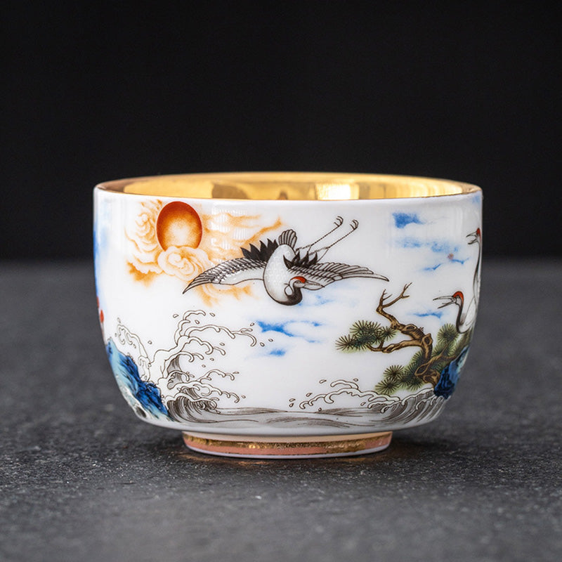 Dragon Phoenix Crane Gilt Ceramic Teacup – four-panel composite showing phoenix, dragon, and crane gold-rimmed cup designs, collectible