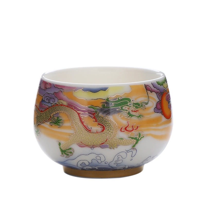 Dragon Phoenix Ceramic Teacup - Dragon enamel cup on white background, premium