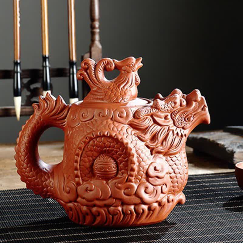 Vintage Dragon Phoenix Purple Clay Teapot – dragon phoenix teapot beside calligraphy brushes on woven mat, cultural heritage