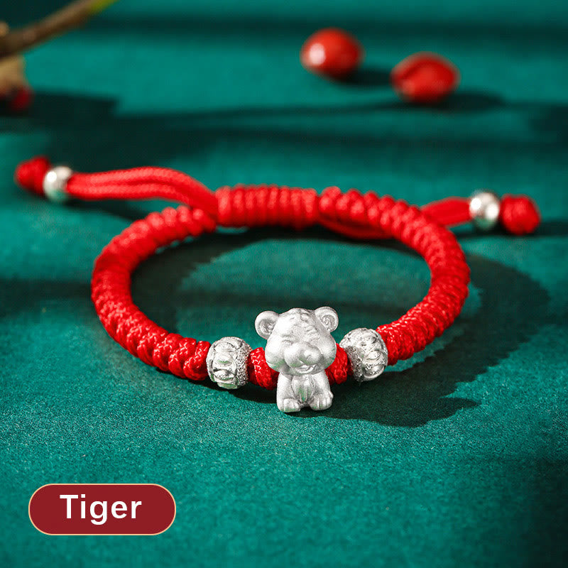 999 Sterling Silver Zodiac Red Rope Kids Bracelet - Silver tiger charm on red cord with beads, auspicious bracelet