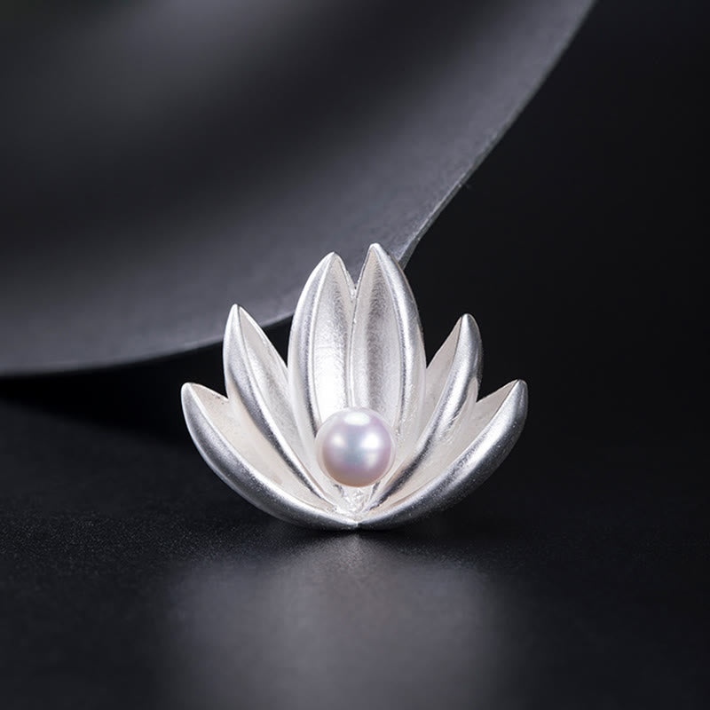 Silver Lotus Pearl Brooch – Low-angle lotus brooch with pink pearl overtones, Artisan craft