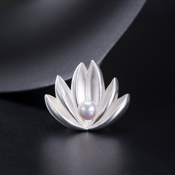 Silver Lotus Pearl Brooch – Low-angle lotus brooch with pink pearl overtones, Artisan craft