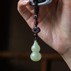 Jade Gourd Sandalwood Car Keychain, front view, lucky charm