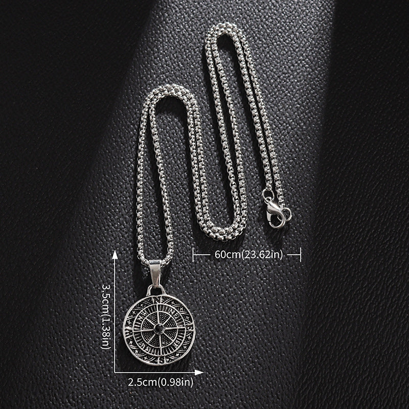 Brass Compass Necklace – full chain and pendant with size labels 60cm chain 3.5cm pendant, black leather bg
