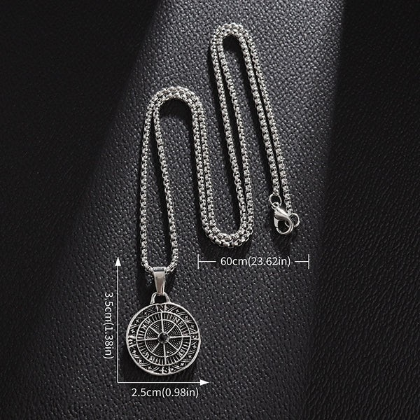 Brass Compass Necklace – full chain and pendant with size labels 60cm chain 3.5cm pendant, black leather bg