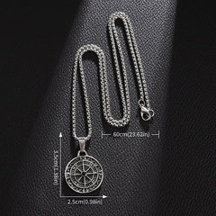 Brass Compass Necklace – full chain and pendant with size labels 60cm chain 3.5cm pendant, black leather bg