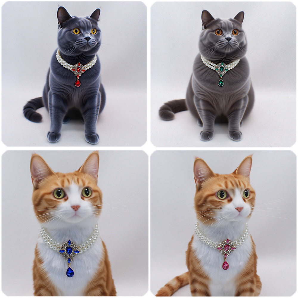 Elegant Pearl Crystal Collar – Four cats wearing red, green, blue and pink crystal pearl collars, collage