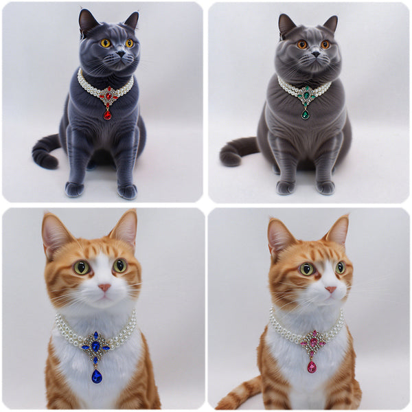 Elegant Pearl Crystal Collar – Four cats wearing red, green, blue and pink crystal pearl collars, collage