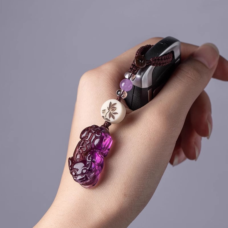 Amethyst Pi Yao Keychain, close-up detail, lucky charm