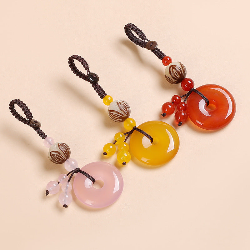 Agate Chalcedony Safety Knot Keychain – pink, yellow, and red trio with striped lotus beads