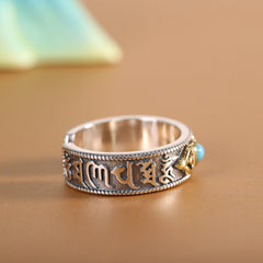 Vintage Silver Vajra Ring, Handcrafted Turquoise Inlaid, Open Design Unisex, Mantra Engraved Vajra