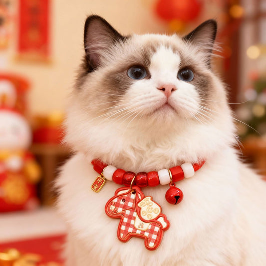 Year of Horse Pet Collar – Red-white beads with horse pendant, ping an charm & bell, on cat, CNY