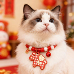 Year of Horse Pet Collar – Red-white beads with horse pendant, ping an charm & bell, on cat, CNY