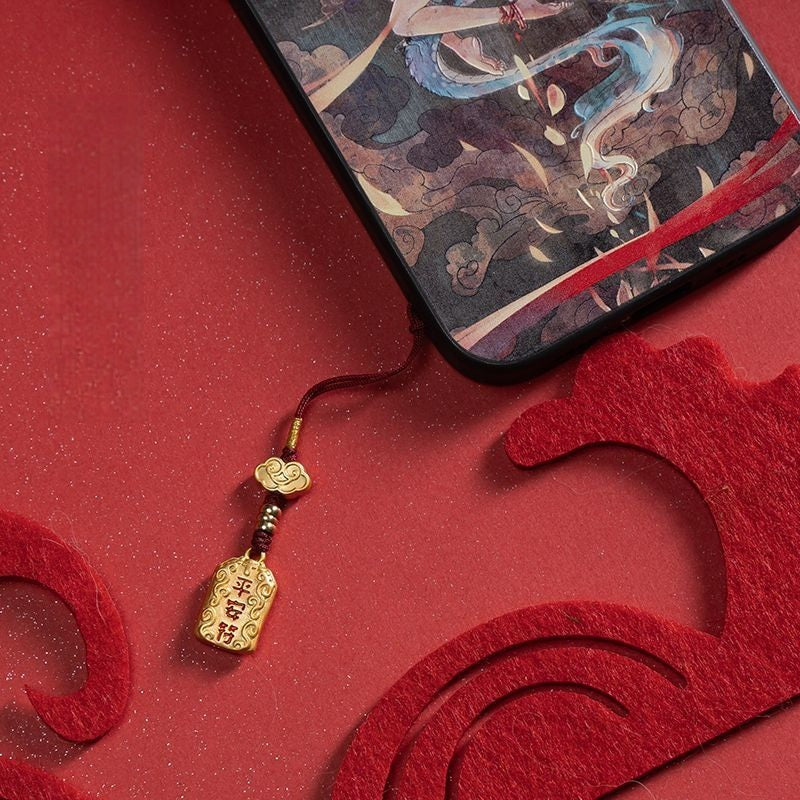 Brass Feng Shui Good Luck Keychain - gold peace charm pendant with decorative details
