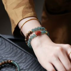 Natural Blue Feicui Jade Two-Row Bracelet, Women's Agate & Agarwood Beaded Hand Chain