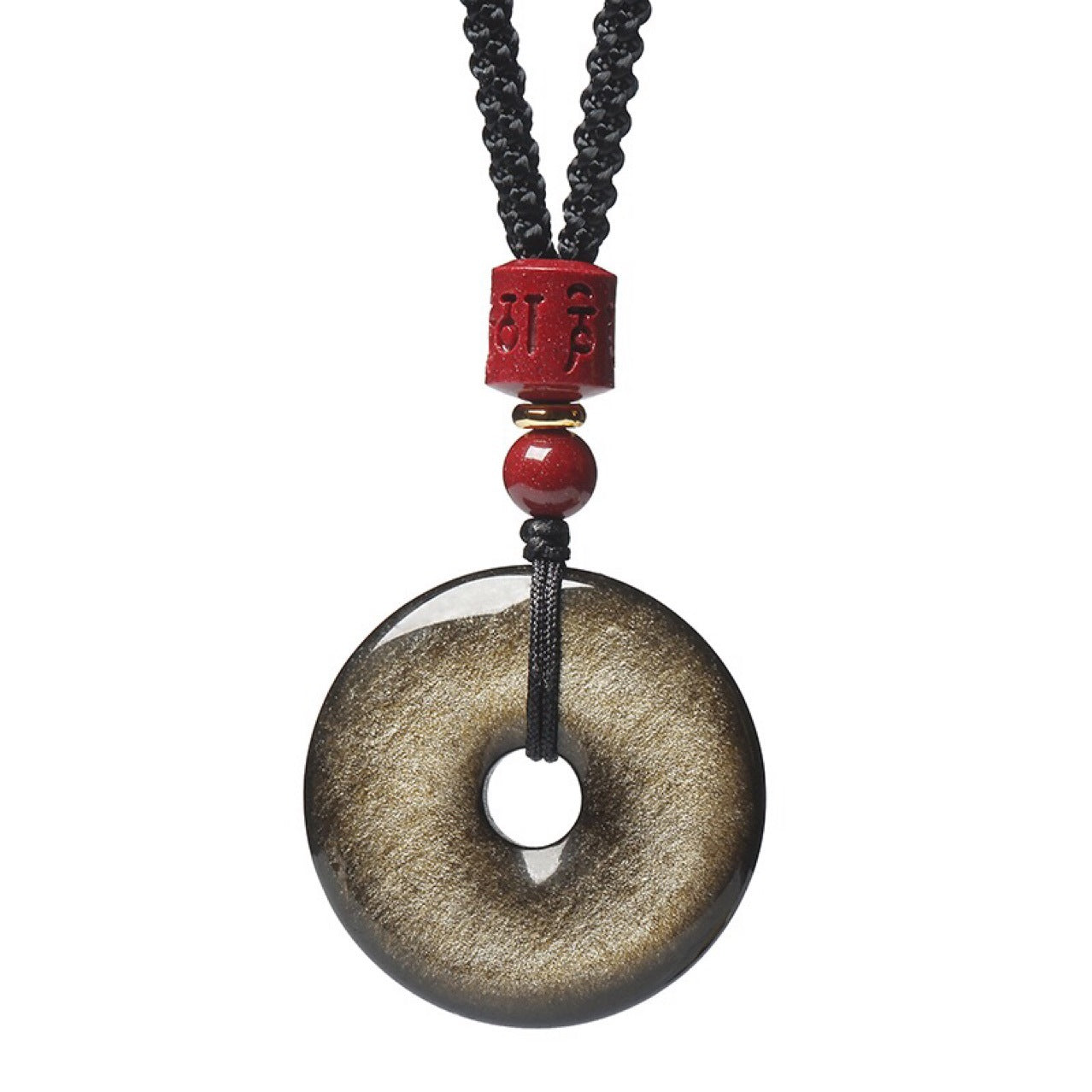 Gold Obsidian Pendant – Close-up of gold sheen obsidian peace button with red mantra bead on white, crystal pendant