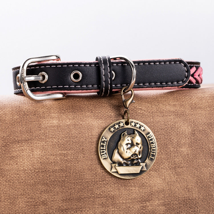 Vintage Pet Tag – Pitbull 3D relief medallion on black leather collar, antique bronze, custom dog ID tag