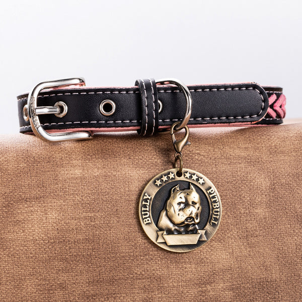 Vintage Pet Tag – Pitbull 3D relief medallion on black leather collar, antique bronze, custom dog ID tag