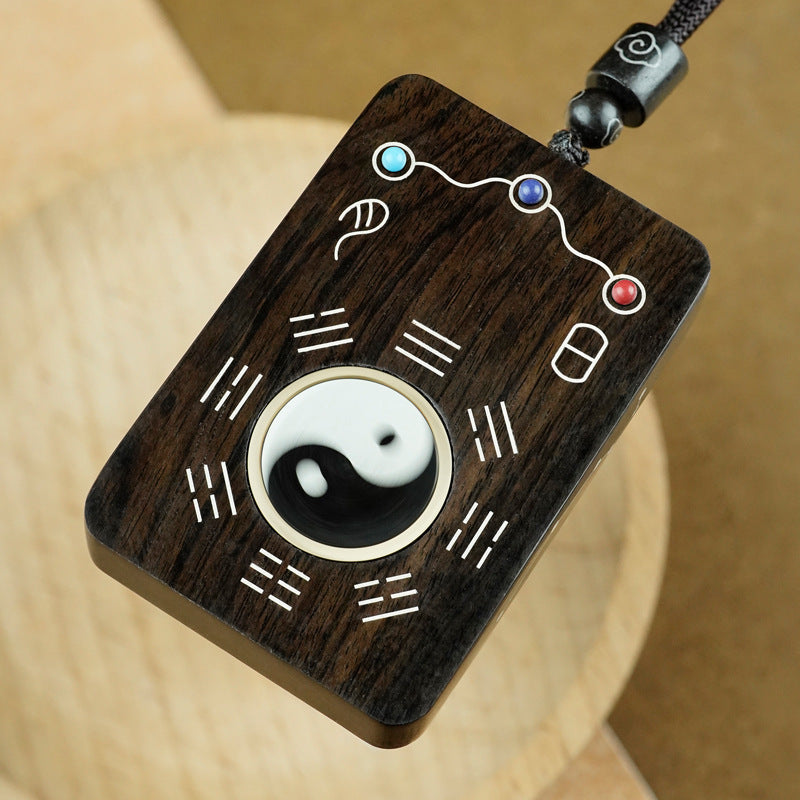 Yin Yang Ebony Silver Inlaid Pendant Necklace, detail shot, amulet necklace
