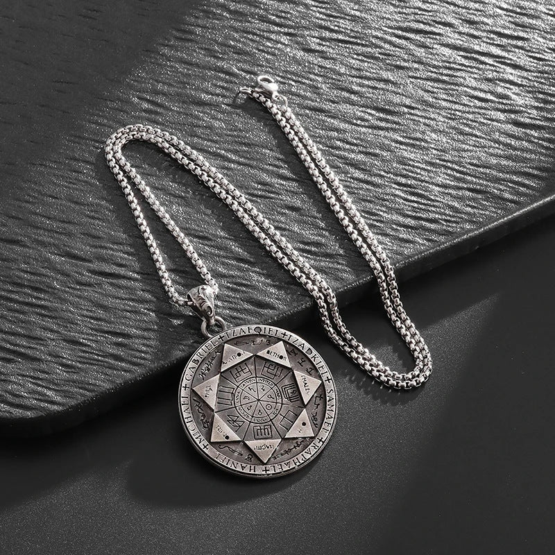 Seven Archangels Pendant – Full necklace on dark slate with seal front, gothic statement jewelry