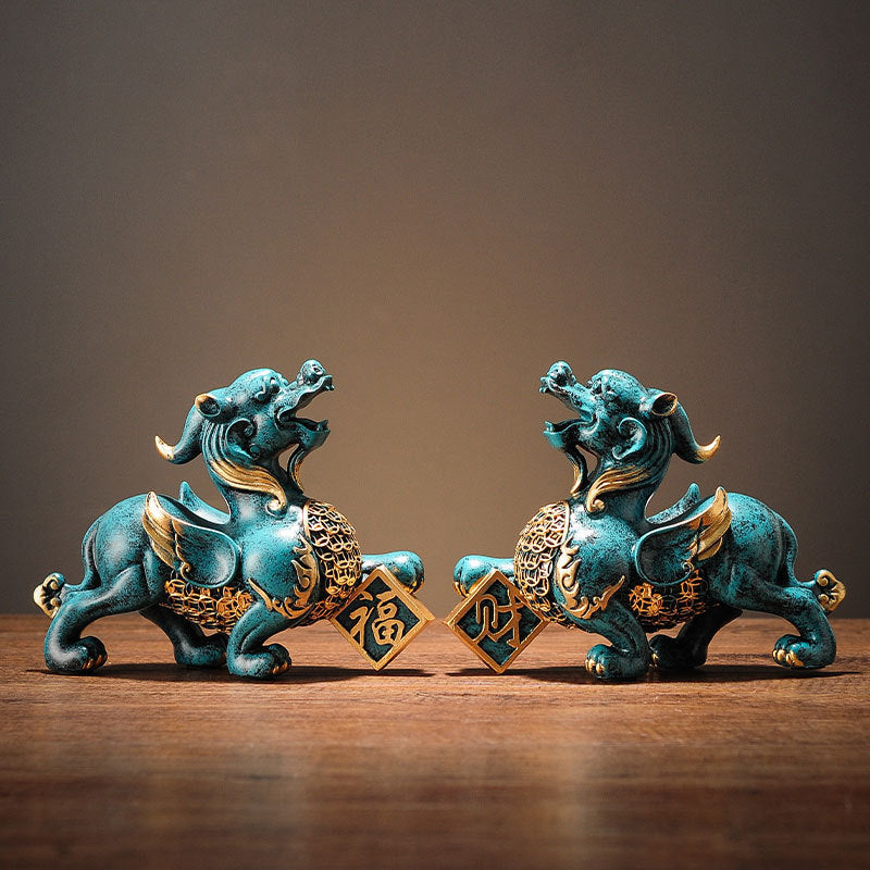 Pi Xiu Statue Pair – Teal patina pair close-up angled, fortune wealth statue