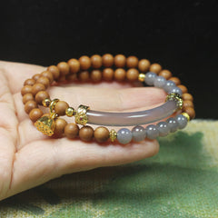 Sandalwood 6mm Double-Strand Bracelet with Gray Agate Half-Bangle, Boho Zen Energy
