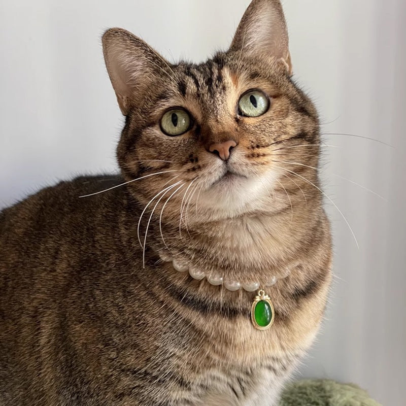 Pearl Pet Collar – White pearl strand with emerald green pendant on tabby cat, gold bezel, feng shui cat necklace