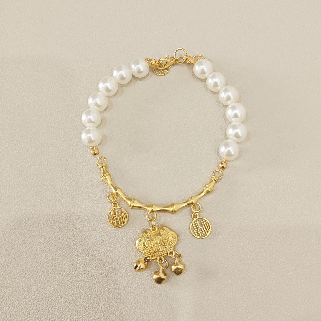 Chinese Pet Necklace – Pearl beads with bamboo gold bar, fu blessing tags & bells, heritage collar