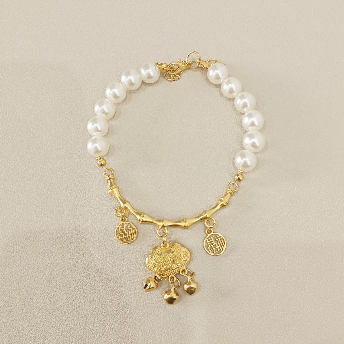 Chinese Pet Necklace – Pearl beads with bamboo gold bar, fu blessing tags & bells, heritage collar