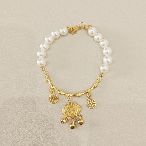 Chinese Pet Necklace – Pearl beads with bamboo gold bar, fu blessing tags & bells, heritage collar
